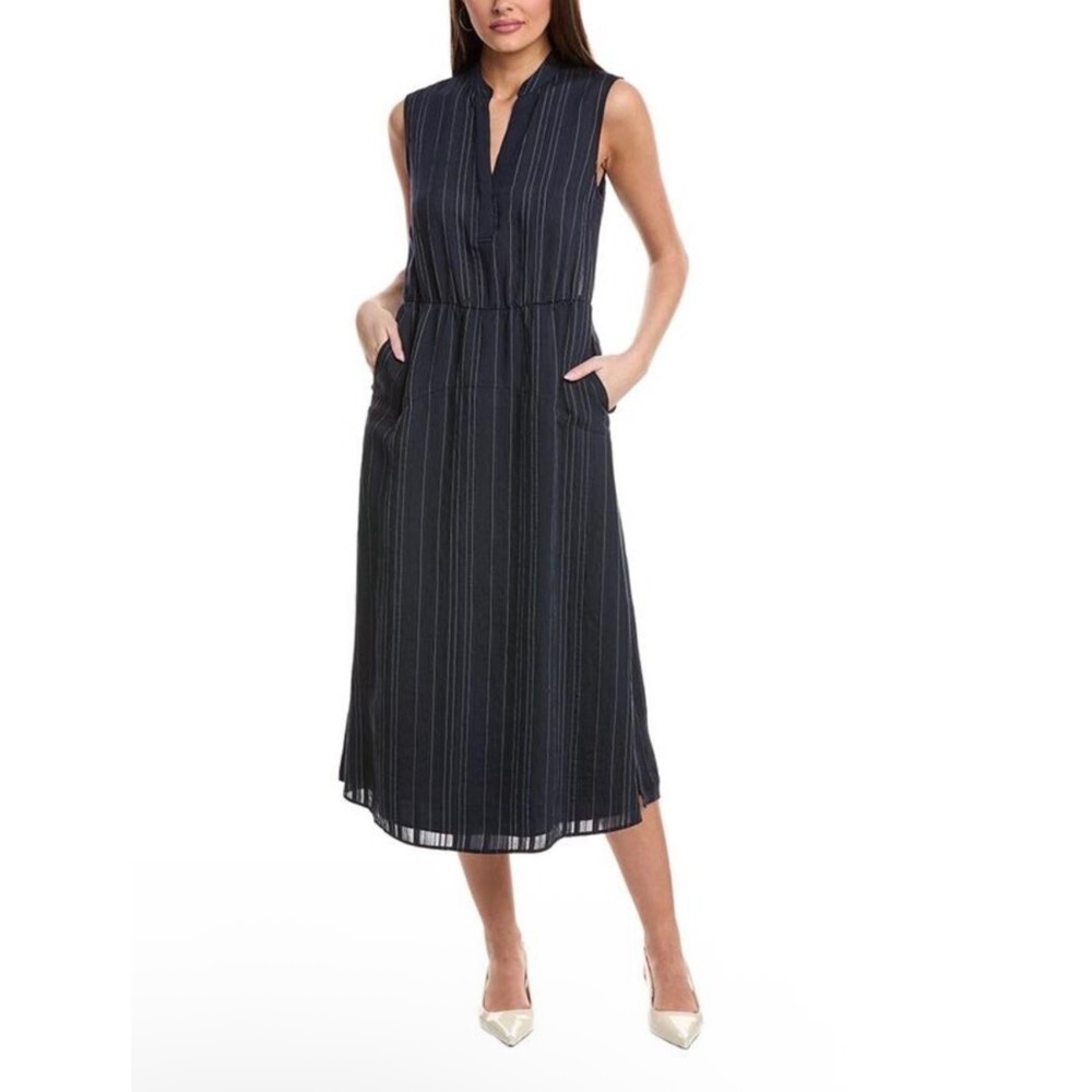 Vince Drapey Stripe Tiered Dress Midi Length Size 16